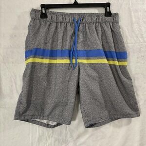 Dream Wave Swim Shorts Mens Medium Gray Striped Elastic Waist Mesh Lined Pockets